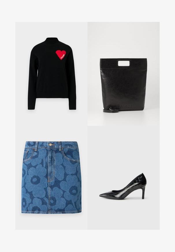 Svart genser med høy hals, prydet med et rødt hjerte og ordet "FREMTID" i hvitt strikk på venstre side. Glatt tekstur.; Denim miniskjørt med mørkeblått blomsterprint, frontlommer, beltestropper og knappeåpning i livet.; Sorte spisse høye hæler med en blank finish og et subtilt teksturmønster. Har en moderat hæl og åpen halsdesign.; Svart lær tote veske med firkantet håndtak, med teksturert overflate og preget logo. Inkluderer en avtagbar stropp.
