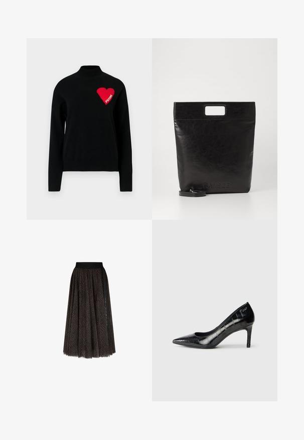 Black sweater with a high neckline, featuring a red heart and the word "FUTURE" in white knit on the left side. Smooth texture.; Brown and black patterned midi skirt with a black elastic waistband and vertical black stripe detail on one side.; Black pointed-toe high heels with a glossy finish and subtle textured pattern. Features a moderate heel and open throat design.; Black leather tote bag with a square handle, featuring a textured finish and embossed logo. Includes a detachable strap.