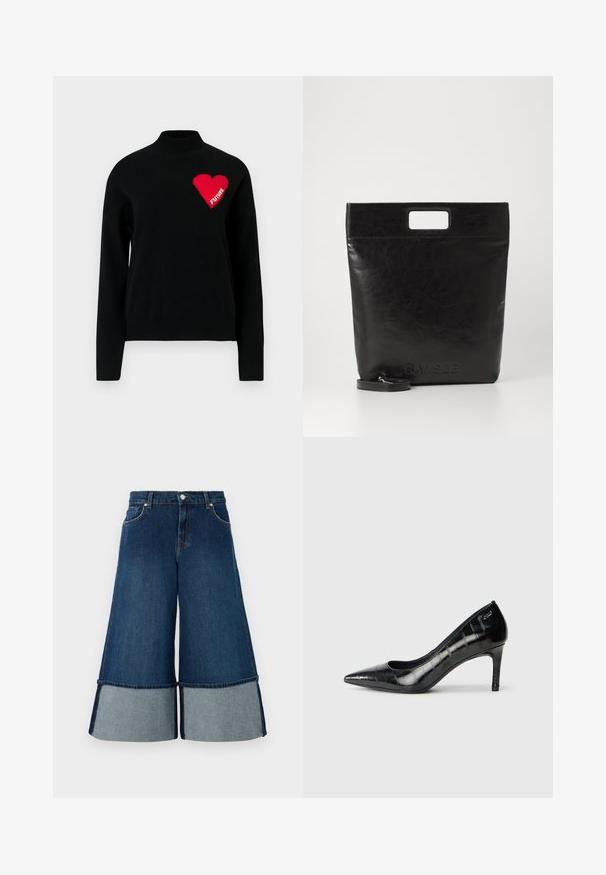 Černý svetr s vysokým límcem, na levé straně s červeným srdcem a bílým nápisem "FUTURE" z pleteniny. Hladká textura.; Denimové culottes s tmavě modrým ombre a kontrastním světlým modrým lemem, s širokými nohavicemi a tradičním pětiokýnkovým stylem.; Černé lodičky s špičatou špičkou, lesklým povrchem a jemným texturovaným vzorem. Obsahuje středně vysoký podpatek a otevřený design v oblasti krku.; Černá kožená taška přes rameno se čtvercovou rukojetí, s texturovaným povrchem a embosovaným logem. Obsahuje odnímatelný popruh.