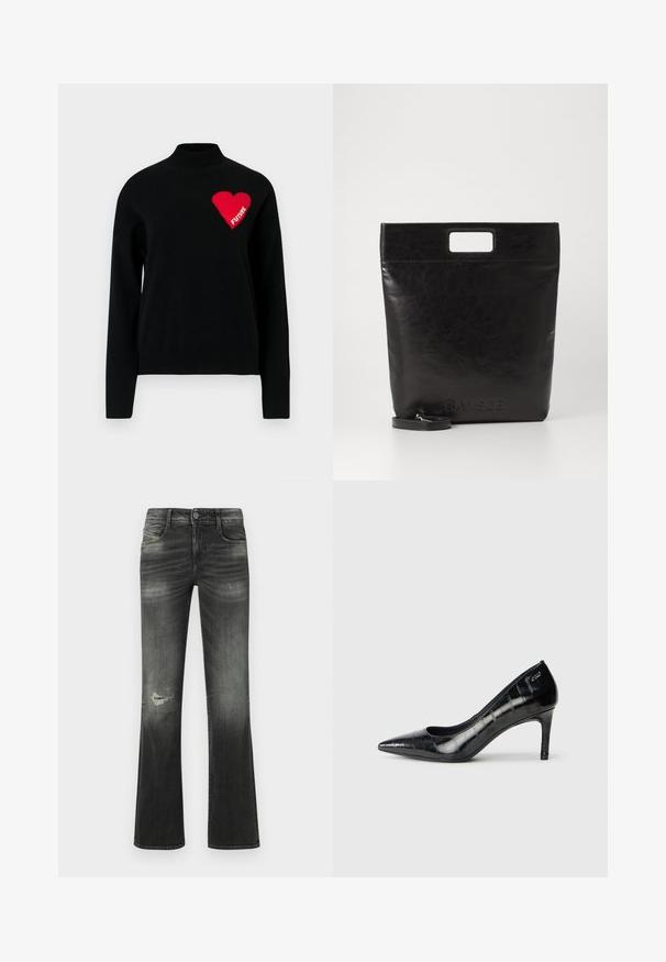Pulover negru cu guler înalt, având o inimă roșie și cuvântul "FUTURE" tricotat în alb pe partea stângă. Textură netedă.; Blugi negri, cu picior drept, cu aspect uzat, buzunare frontale, închidere cu nasturi și o mică ruptură deteriorată pe coapsa stângă.; Pantofi cu toc înalt, cu vârful ascuțit, de culoare neagră, cu un finisaj lucios și un model texturat subtil. Au un toc de înălțime moderată și un design cu gât deschis.; Geantă tote din piele neagră, cu un mâner pătrat, având un finisaj texturat și un logo embosat. Include o curea detasabilă.