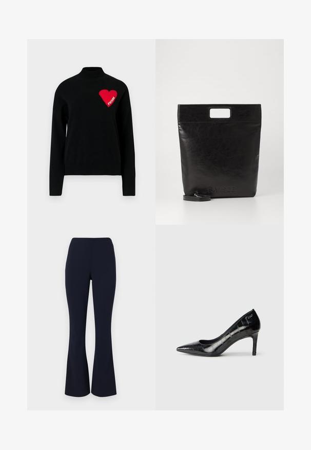 Fekete pulóver magas nyakkal, piros szívvel és a "FUTURE" szóval fehér kötésben a bal oldalon. Sima textúra.; Tengerészkék, harangszárú nadrág sima anyagból, magas derékkal és enyhe rugalmassággal a kényelem érdekében. Nincs látható fémrész vagy minta.; Fekete, hegyes orrú, magas sarkú cipők fényes felülettel és visszafogott mintázattal. Mérsékelt sarokkal és nyitott vápa dizájnnal rendelkeznek.; Fekete bőr bevásárlótáska négyzet alakú fogantyúval, texturált felülettel és dombornyomott logóval. Tartalmaz egy levehető pántot.