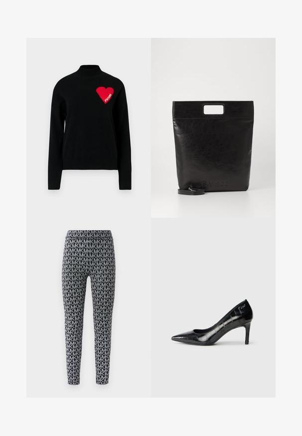 Maglione nero con collo alto, caratterizzato da un cuore rosso e la parola "FUTURE" in maglia bianca sul lato sinistro. Texture liscia.; Leggings neri e grigi con un motivo a lettere interconnesse su tutta la superficie. La vita è elasticizzata e aderente attorno alle gambe.; Décolleté nere con punta affusolata, finitura lucida e un sottile motivo testurizzato. Presentano un tacco moderato e un design con apertura sulla parte superiore.; Borsa tote in pelle nera con manico quadrato, caratterizzata da una finitura testurizzata e logo impresso. Include una tracolla rimovibile.