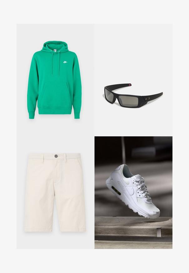 Zaļš Nike uzvalks ar priekšējo kabatu, kapuci ar aukliņu un mazu balto logotipu kreisajā krūtīs. Mīksts audums, standarta izmērs.; Gai beige šorti, izgatavoti no kokvilnas, ar taisnu griezumu, divām sānu kabatām un vienu melnu pogu jostasvietā.; Baltas Nike Air Max 90 sporta apavi ar sietu un ādas augšdaļu, caurspīdīgu pirksta daļu un redzamu gaisa vienību papēdī.; Melni saulesbrilles ar matētu apdari, taisnstūra lēcām, nedaudz izliektiem tempļiem, smalkiem logotipa elementiem un dūmu nokrāsas lēcām.
