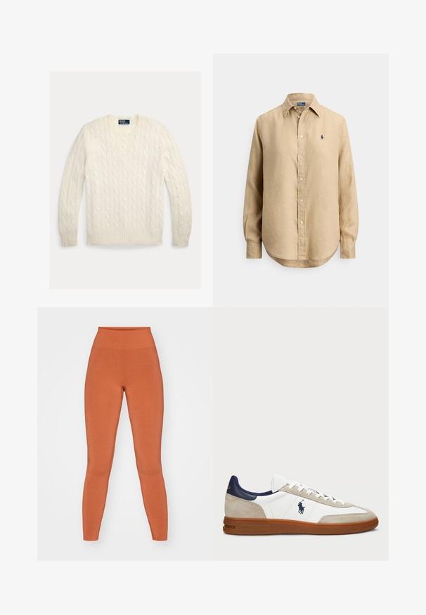 Pulover crem din material tricotat cu model împletit, cu guler rotund, manșete și tiv striate. Realizat din material moale, cu un model texturat pe întreaga suprafață.; Cămașă bej cu mâneci lungi, cu nasturi, guler ascuțit și logo brodat mic, albastru închis, pe partea stângă a pieptului.; Leggings portocalii cu talie înaltă, realizate dintr-un material moale și elastic. Textură netedă, cu o siluetă ajustată, construcție fără cusături și design până la gleznă.; Tenisi albi și bej cu un superior din suede și piele, accente navy și o talpă din cauciuc maro. Prezintă logo pe lateral și un design cu șireturi.