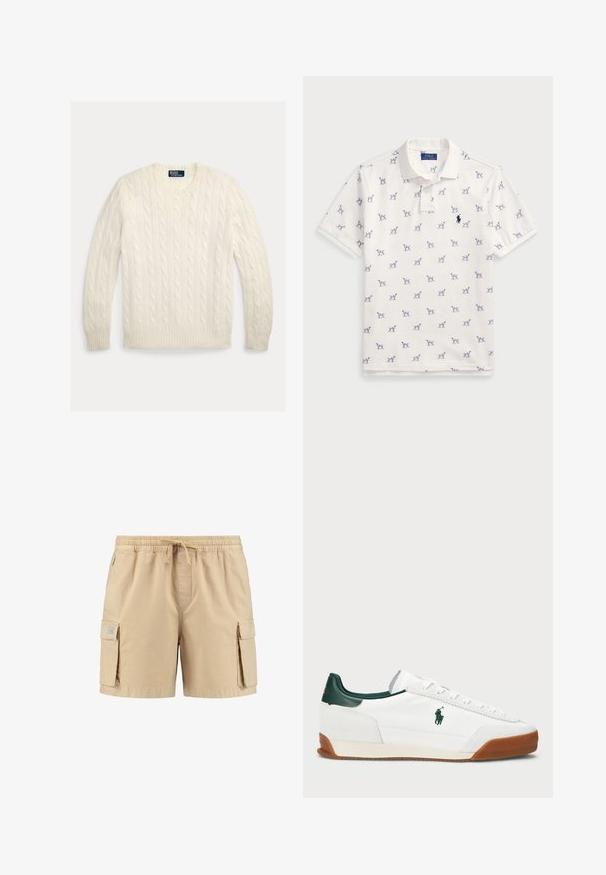Roomkleurige kabelgebreide trui met een ronde hals, geribde manchetten en zoom. Gemaakt van zacht materiaal met een textuurpatroon over het geheel.; Witte polo gemaakt van katoen, met een herhaald blauw hondenpatroon en een klein blauw logo op de borst. Korte mouwen en kraag.; Beige cargoshorts met elastische tailleband, trekkoord en twee zijzakken, met een gladde textuur en minimale stikseldetails.; Witte sneaker met groene leren accenten en een beige rubberen zool. Bevat een stoffen bovenwerk en een prominent logo aan de zijkant. Vetersluiting.