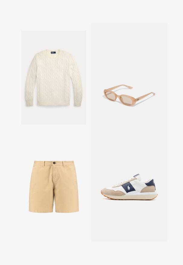 Krém színű, kötött pulóver kerek nyakkivágással, bordázott mandzsettával és szegéllyel. Puha anyagból készült, egész felületén texturált mintázattal.; Fehér pamut póló, elől piros és sötétkék grafikával: "LEVI STRAUSS & CO." és "EXTRA STRENGTH LEVI'S" felirattal, valamint egy ló illusztrációval.; Beige pamut rövidnadrág gombos záródással, elülső zsebekkel és övhurkokkal. Egyszerű dizájn, egyenes szabással és sima textúrával.; Férfi sneaker, fehér bőrből készült felsőrésszel, tengerészkék és bézs velúr részletekkel, lapos fűzőzéssel és krémszínű gumitalppal.; Átlátszó, világosbarna kerettel készült napszemüveg, ovális lencsékkel és vékony karokkal, finoman gravírozott logóval. Matt felület, minimalista dizájn.