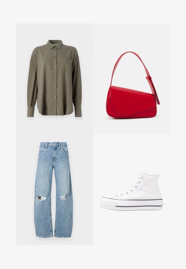 Long-sleeve sweater with pink and purple concentric stripes on the body, green and blue zigzags on one sleeve, and orange with blue spirals on the other.; Olive green long-sleeve shirt made of soft fabric. Features a button-up front, collar, and single chest pocket. Straight cut design.; Light blue, high-waisted jeans made of denim. Feature wide legs, two torn knee areas, and classic five-pocket styling.; White high-top canvas sneaker with black rubber sole, front rubber toe cap, and six eyelets for laces, featuring a clean, minimalist design.; Red leather handbag with an angular, geometric design. Features a single adjustable strap and a flap closure with stitched detailing.