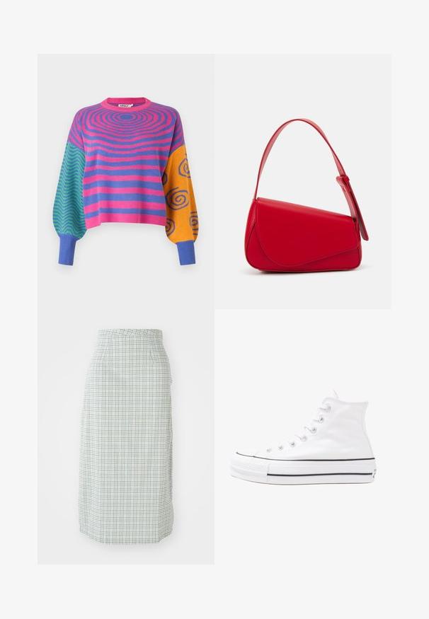 Maglione a maniche lunghe con strisce concentriche rosa e viola sul corpo, zigzag verdi e blu su una manica, e arancione con spirali blu sull'altra.; Una gonna lunga fino al ginocchio in un motivo a quadri verde chiaro e bianco, caratterizzata da una consistenza liscia e una silhouette aderente con tasche laterali.; Sneaker alta in tela bianca con suola in gomma nera, punta in gomma frontale e sei asole per i lacci, caratterizzata da un design pulito e minimalista.; Borsa a tracolla in pelle rossa con un design angolare e geometrico. Presenta una singola tracolla regolabile e una chiusura a patta con dettagli cuciti.