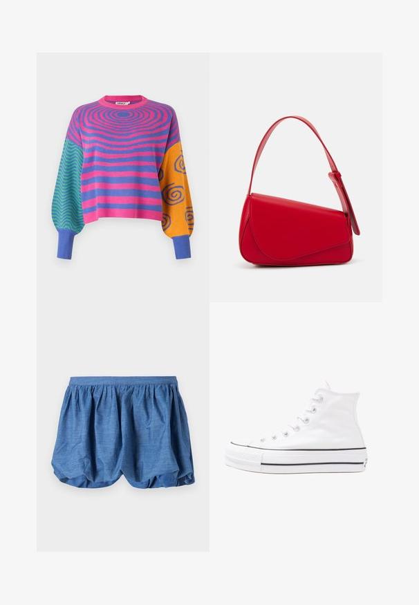 Tröja med långa ärmar med rosa och lila koncentriska ränder på kroppen, gröna och blå zigzagmönster på ena ärmen och orange med blå spiraler på den andra.; Blå, lätta shorts med en samlad elastisk midja och en luftig, texturerad design. Har en mjuk, tygfinish med en avslappnad passform.; Vit hög topp canvas sneaker med svart gummisulan, framsidan gummitåhätta och sex öglor för snören, med en ren, minimalistisk design.; Röd läderhandväska med en vinkelrät, geometrisk design. Har ett justerbart axelband och en klaffstängning med sydda detaljer.