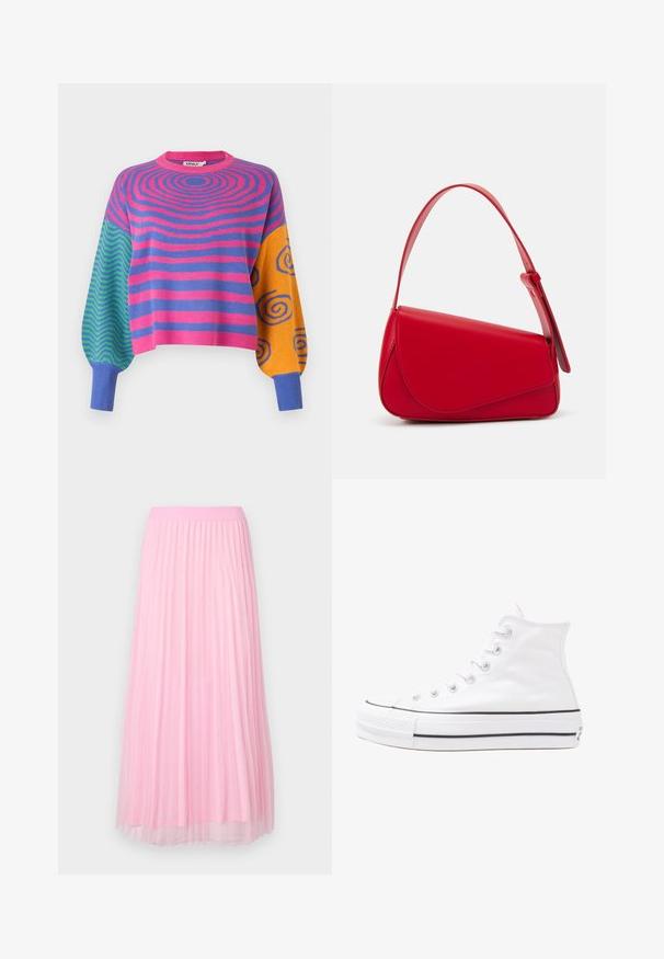 Pulover cu mâneci lungi, cu dungi concentrice roz și mov pe corp, zig-zaguri verzi și albastre pe o mânecă și spirale portocalii cu albastre pe cealaltă.; Fustă plisată roz cu o textură moale și transparentă și talie elastică, decorată cu mici accente metalice dispersate.; Adidași albi tip pantofi sport cu glezna din pânză, cu talpă din cauciuc negru, capac de vârf din cauciuc frontal și șase ochiuri pentru șireturi, având un design curat și minimalist.; Geantă de mână din piele roșie, cu un design unghiular și geometric. Dispune de o singură curea ajustabilă și un sistem de închidere cu clapetă, cu detalii cusute.