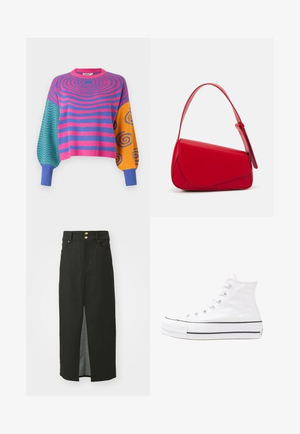 Pulover cu mâneci lungi, cu dungi concentrice roz și mov pe corp, zig-zaguri verzi și albastre pe o mânecă și spirale portocalii cu albastre pe cealaltă.; Fustă din denim negru cu talie înaltă, închidere cu două butoane aurii, fante în față și buzunare laterale. Textură netedă și design până la genunchi.; Adidași albi tip pantofi sport cu glezna din pânză, cu talpă din cauciuc negru, capac de vârf din cauciuc frontal și șase ochiuri pentru șireturi, având un design curat și minimalist.; Geantă de mână din piele roșie, cu un design unghiular și geometric. Dispune de o singură curea ajustabilă și un sistem de închidere cu clapetă, cu detalii cusute.