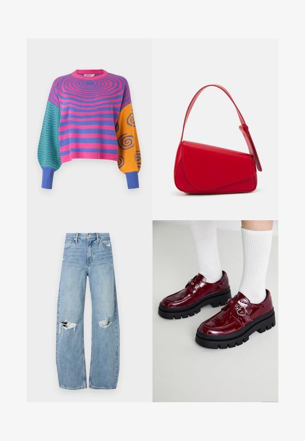 Suéter de manga larga con rayas concéntricas rosas y moradas en el cuerpo, zigzags verdes y azules en una manga, y espirales naranjas con azul en la otra.; Vaqueros de mezclilla de tiro alto en azul claro. Tienen piernas anchas, dos áreas desgastadas en las rodillas y un estilo clásico de cinco bolsillos.; Zapatos de charol de color burdeos con una suela negra gruesa, doble correa con detalle en forma de corazón y calcetines blancos con canalé. Diseño retro con tracción gruesa.; Bolso de cuero rojo con un diseño angular y geométrico. Cuenta con una única correa ajustable y un cierre de solapa con detalles de costura.