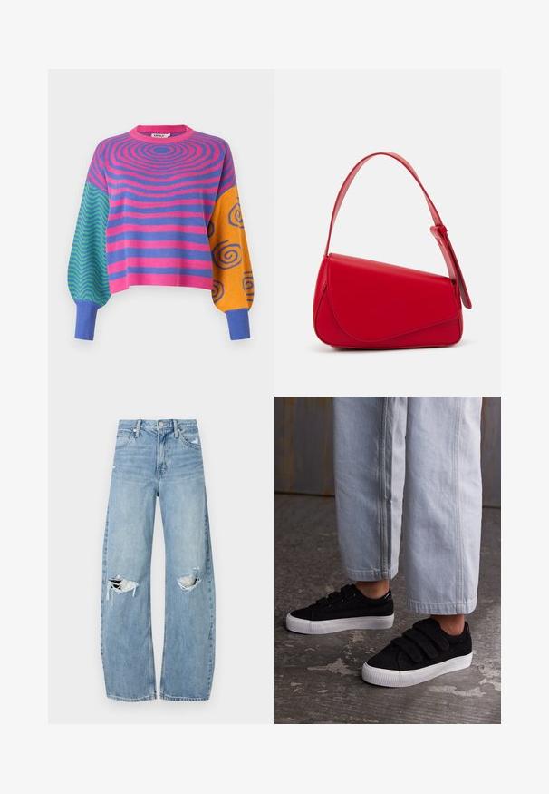 Suéter de manga larga con rayas concéntricas rosas y moradas en el cuerpo, zigzags verdes y azules en una manga, y espirales naranjas con azul en la otra.; Vaqueros de mezclilla de tiro alto en azul claro. Tienen piernas anchas, dos áreas desgastadas en las rodillas y un estilo clásico de cinco bolsillos.; Zapatillas de corduroy negro con tres correas de Velcro y una parte superior texturizada. Suela de goma blanca de perfil bajo. Llevadas con pantalones recortados en azul claro.; Bolso de cuero rojo con un diseño angular y geométrico. Cuenta con una única correa ajustable y un cierre de solapa con detalles de costura.