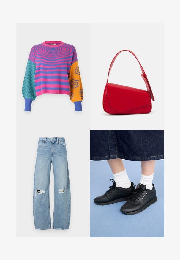 Hosszú ujjú pulóver, testén rózsaszín és lila koncentrikus csíkokkal, egyik ujján zöld és kék cikkcakkokkal, a másikon narancssárga és kék spirálokkal.; Világoskék, magas derekú farmernadrág. Széles lábakkal, két szakadt térddel és klasszikus öt zsebes dizájnnal rendelkezik.; Fekete sportcipő, bőrből készült, fűzős elülső résszel, texturált talppal és oldalsó logóval, fehér zoknikkal és farmer szoknyával viselve.; Piros bőr kézitáska szögletes, geometrikus kialakítással. Egy állítható pánttal és varrott részletekkel ellátott fedélzárral rendelkezik.