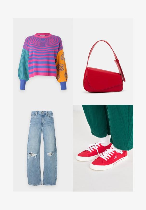 Long-sleeve sweater with pink and purple concentric stripes on the body, green and blue zigzags on one sleeve, and orange with blue spirals on the other.; Light blue, high-waisted jeans made of denim. Feature wide legs, two torn knee areas, and classic five-pocket styling.; Red canvas sneakers with white laces, featuring a white rubber sole and striped accents on the side. Worn with green textured pants and white socks.; Red leather handbag with an angular, geometric design. Features a single adjustable strap and a flap closure with stitched detailing.