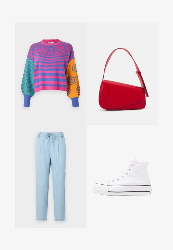 Long-sleeve sweater with pink and purple concentric stripes on the body, green and blue zigzags on one sleeve, and orange with blue spirals on the other.; Light blue, linen blend trousers with a drawstring waist, tapered legs, and side pockets. Smooth texture; no visible patterns or accents.; White high-top canvas sneaker with black rubber sole, front rubber toe cap, and six eyelets for laces, featuring a clean, minimalist design.; Red leather handbag with an angular, geometric design. Features a single adjustable strap and a flap closure with stitched detailing.