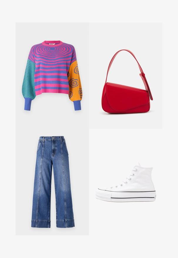 Long-sleeve sweater with pink and purple concentric stripes on the body, green and blue zigzags on one sleeve, and orange with blue spirals on the other.; Wide-leg blue denim jeans with a high waist, featuring a button closure, front pockets, and visible stitching along the side seams.; White high-top canvas sneaker with black rubber sole, front rubber toe cap, and six eyelets for laces, featuring a clean, minimalist design.; Red leather handbag with an angular, geometric design. Features a single adjustable strap and a flap closure with stitched detailing.