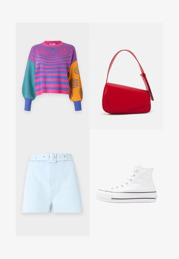 Hosszú ujjú pulóver, testén rózsaszín és lila koncentrikus csíkokkal, egyik ujján zöld és kék cikkcakkokkal, a másikon narancssárga és kék spirálokkal.; Világoskék rövidnadrág övvel, négyzet alakú csattal és fémszálak díszítésével. Sima anyag, testreszabott szabás és plissélt elülső rész.; Fehér magaskorsó vászon sportcipő fekete gumi talppal, elülső gumi orrnyereggel és hat fűzőlyukkal, letisztult, minimalista dizájnnal.; Piros bőr kézitáska szögletes, geometrikus kialakítással. Egy állítható pánttal és varrott részletekkel ellátott fedélzárral rendelkezik.