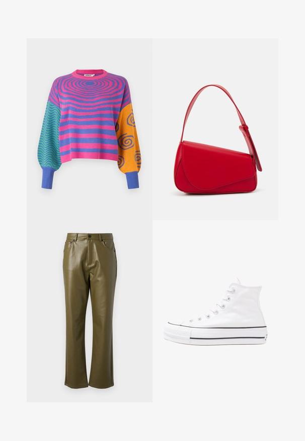 Long-sleeve sweater with pink and purple concentric stripes on the body, green and blue zigzags on one sleeve, and orange with blue spirals on the other.; Olive green faux leather pants with a straight leg design. Features front pockets and a zip fly with metal button closure. Smooth texture.; White high-top canvas sneaker with black rubber sole, front rubber toe cap, and six eyelets for laces, featuring a clean, minimalist design.; Red leather handbag with an angular, geometric design. Features a single adjustable strap and a flap closure with stitched detailing.