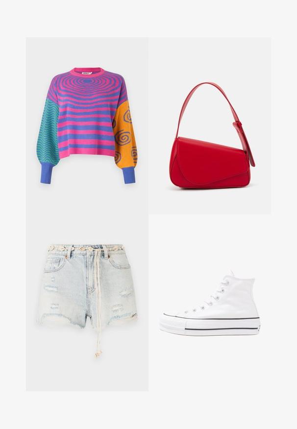 Svetr s dlouhým rukávem s růžovými a fialovými soustřednými pruhy na těle, zelenými a modrými cikcakami na jednom rukávu a oranžovými s modrými spirálami na druhém rukávu.; Džínové šortky v světle modré barvě se zničenými detaily a třásněmi na okrajích. Obsahují dekorativní pásek ve tvaru mušle a stahovací šňůrku s béžovými akcenty.; Bílé vysoké plátěné tenisky s černou gumovou podrážkou, přední gumovou špičkou a šesti očky na tkaničky, se čistým, minimalistickým designem.; Červená kožená kabelka s ostrým, geometrickým designem. Má jeden nastavitelný popruh a klopu s prošívanými detaily.