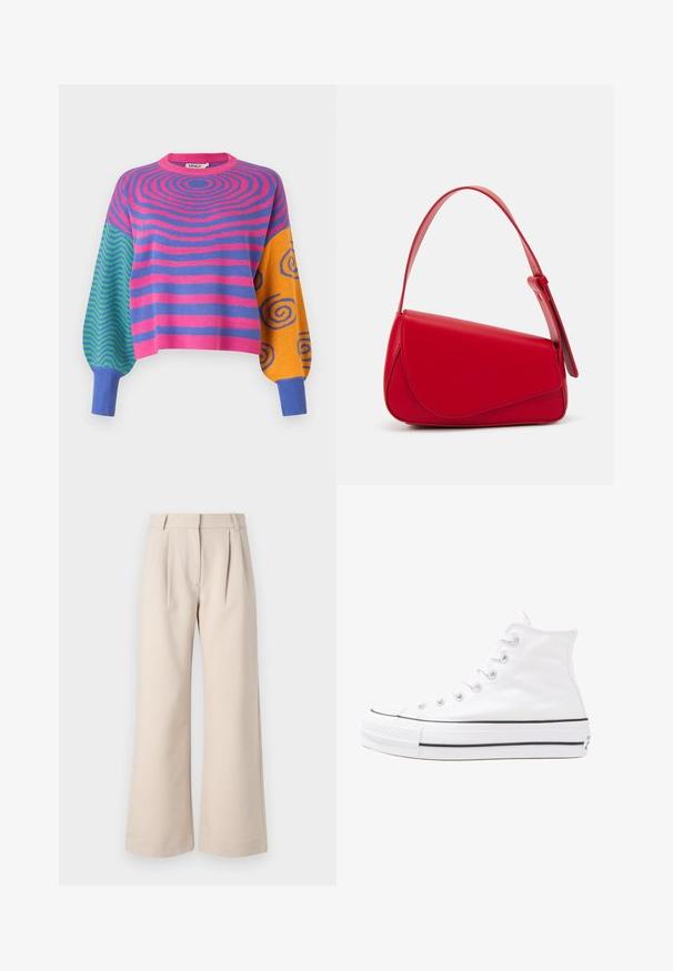 Garām piedurknēm džemperis ar rozā un violetām koncentriskām svītrām uz ķermeņa, zaļiem un ziliem zigzagiem vienā piedurknē un oranžām ar zilām spirālēm otrā.; Beige plašās bikses ar krokām priekšā, izgatavotas no viegla auduma. Tām ir augsta jostasvieta un plūstoša silueta, nodrošinot brīvu piegulšanu.; Balti augstie kanvas sporta apavi ar melnu gumijas zoli, priekšējo gumijas purngalu un sešām acīm lencēm, kuriem ir tīrs, minimālistisks dizains.; Sarkans ādas rokassomi ar stūrainu, ģeometrisku dizainu. Iekļauj vienu regulējamu siksnu un vāku ar izšūtu detaļu.