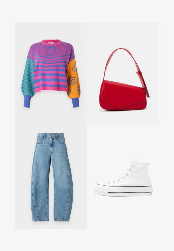 Long-sleeve sweater with pink and purple concentric stripes on the body, green and blue zigzags on one sleeve, and orange with blue spirals on the other.; Light blue denim jeans with a wide-leg design, featuring faded areas, front pockets, and a distinctive stitching pattern along the sides.; White high-top canvas sneaker with black rubber sole, front rubber toe cap, and six eyelets for laces, featuring a clean, minimalist design.; Red leather handbag with an angular, geometric design. Features a single adjustable strap and a flap closure with stitched detailing.