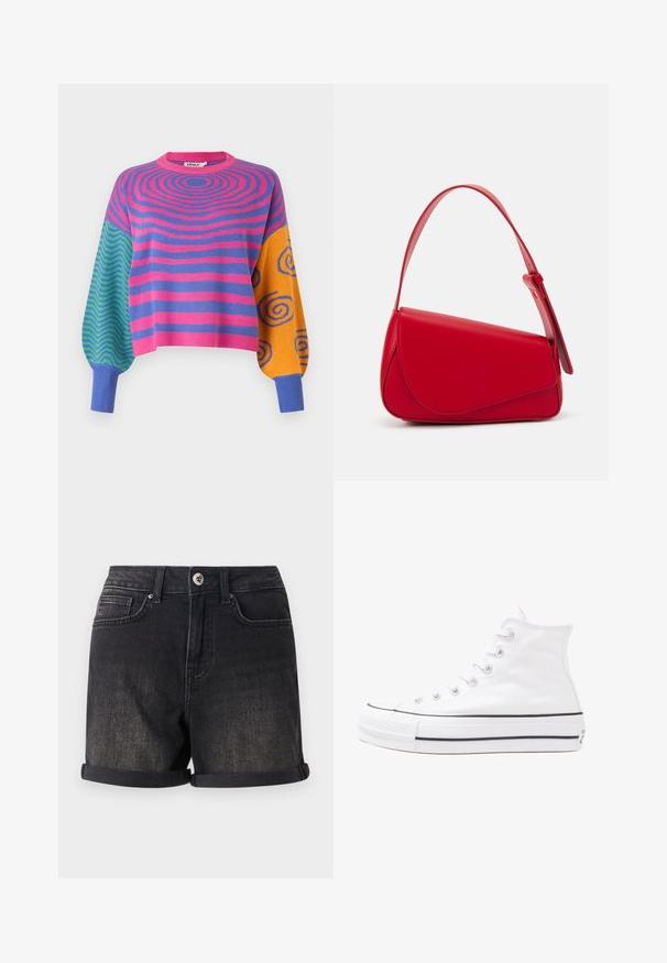Sweter z długim rękawem z różowo-fioletowymi koncentrycznymi paskami na tułowie, zielono-niebieskimi zygzakami na jednym rękawie oraz pomarańczowymi z niebieskimi spiralami na drugim.; Czarne szorty dżinsowe z podwiniętym dołem, pięcioma kieszeniami i zapięciem na guzik z przodu. Materiał ma lekko zszarzały wygląd.; Białe wysokie trampki z płótna z czarną gumową podeszwą, przednim czubkiem z gumy i sześcioma dziurkami na sznurowadła, charakteryzujące się prostym, minimalistycznym designem.; Czerwona skórzana torebka o kanciastym, geometrycznym designie. Posiada jedną regulowaną rączkę oraz zapięcie na klapę z przeszyciami.