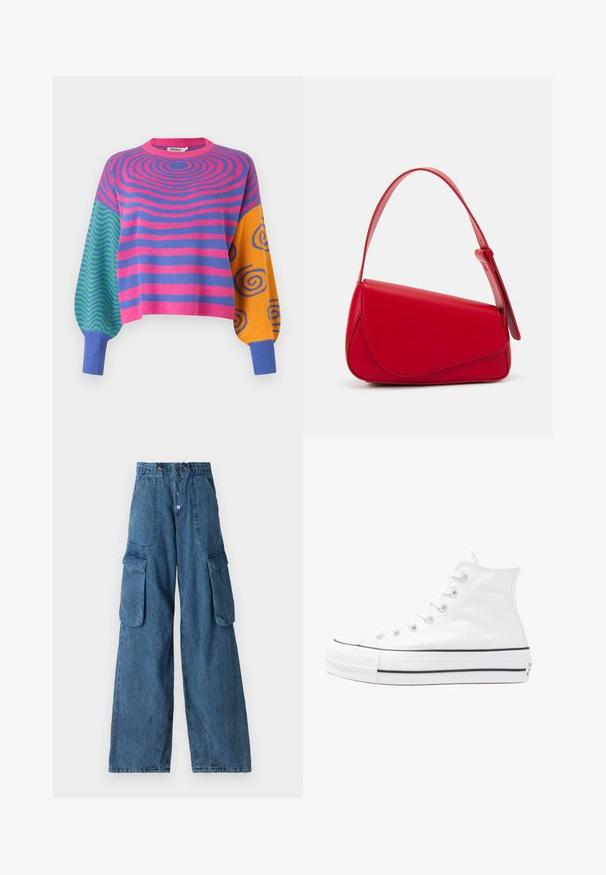 Ilgas rankovėmis megztinis su rožinėmis ir violetinėmis koncentriškomis juostelėmis ant kūno, žaliai mėlynais zigzagais ant vienos rankovės ir oranžinėmis su mėlynomis spiralėmis ant kitos.; Džinsiniai cargo kelnės vidutinio mėlynumo su aukštu liemeniu, plačiomis kojomis, dviem šoninėmis kišenėmis ir priekinio užsegimo mygtuku.; Balti aukštakulniai drobės sportbačiai su juodu guminio pado, priekinio guminio piršto dangteliu ir šešiais akytėmis raištams, pasižymintys švariu, minimalistiniu dizainu.; Raudona odinė rankinė su kampuota, geometrine forma. Pasižymi viena reguliuojama dirželiu ir dangteliu su siuvinėtais dekoracijomis.