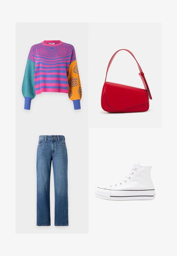 Long-sleeve sweater with pink and purple concentric stripes on the body, green and blue zigzags on one sleeve, and orange with blue spirals on the other.; Blue denim jeans with a straight leg design, a mid-rise waistband, and front and back pockets. The fabric features subtle fading.; White high-top canvas sneaker with black rubber sole, front rubber toe cap, and six eyelets for laces, featuring a clean, minimalist design.; Red leather handbag with an angular, geometric design. Features a single adjustable strap and a flap closure with stitched detailing.