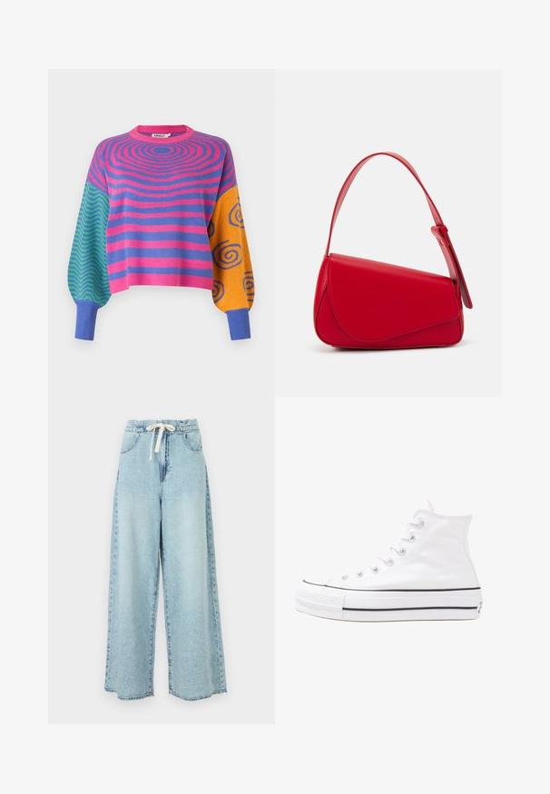 Langermet genser med rosa og lilla konsentriske striper på kroppen, grønne og blå sikksakkmønstre på den ene ermen, og oransje med blå spiraler på den andre.; Lyseblå vid ben jeans med elastisk midjebånd og snøring. Har tradisjonelle lommer og bleket denimstruktur.; Hvit høy-skinn kanvas sneakers med svart gummisåle, gummitåhette foran og seks hull for snorer, med et rent, minimalistisk design.; Rød lærveske med en vinklet, geometrisk design. Har en enkelt justerbar stropp og en klaffelukking med sydd detaljer.