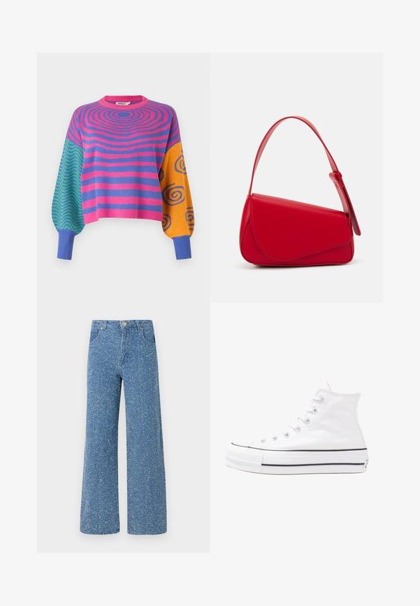 Pikad varrukadega kampsun, millel on kere peal roosa ja lilla kontsentrilised triibud, ühel varrukal rohelised ja sinised siksakid ning teisel oranžid ja sinised spiraalid.; Sinine denim laiad jalad, millel on täppidega tekstuur, esi-nupuga sulgemine, vöökoharihmad ja kaks esikot. ; Valge kõrgem kangast tenniseking, millel on must kummist tald, ees kummist varvasetugi ja kuus aukku paelte jaoks, pakkudes puhta ja minimalistliku disaini.; Punane nahast käekott, millel on nurkadega geomeetriline disain. Omab ühte reguleeritavat rihma ja klappidega sulgemist, millel on õmblustega kaunistused.