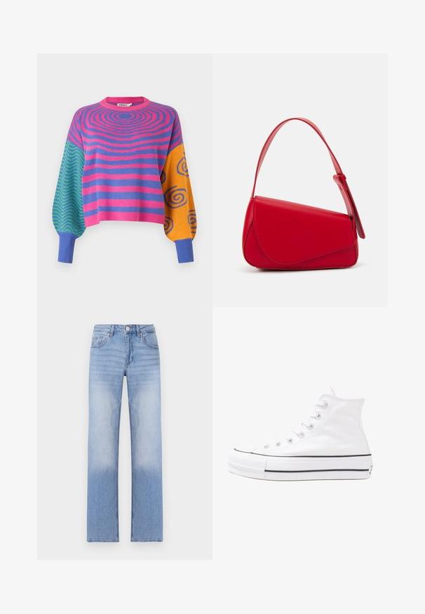 Dugorukava majica s pink i ljubičastim koncentričnim prugama na tijelu, zeleno-plavim cik-cak uzorcima na jednom rukavu i narančasto-plavim spiralama na drugom.; Svijetloplave traperice ravnog kroja, s istrošenim pranjima na donjem dijelu i klasičnim dizajnom s pet džepova.; Bijela visoka platnena tenisica s crnom gumenom potplatom, prednjim gumenim zaštitnikom prstiju i šest rupa za vezanje, s čistim, minimalističkim dizajnom.; Crvena kožna torba s kutnim, geometrijskim dizajnom. Ima jedan podesivi remen i preklopni zatvarač sa šivenim detaljima.