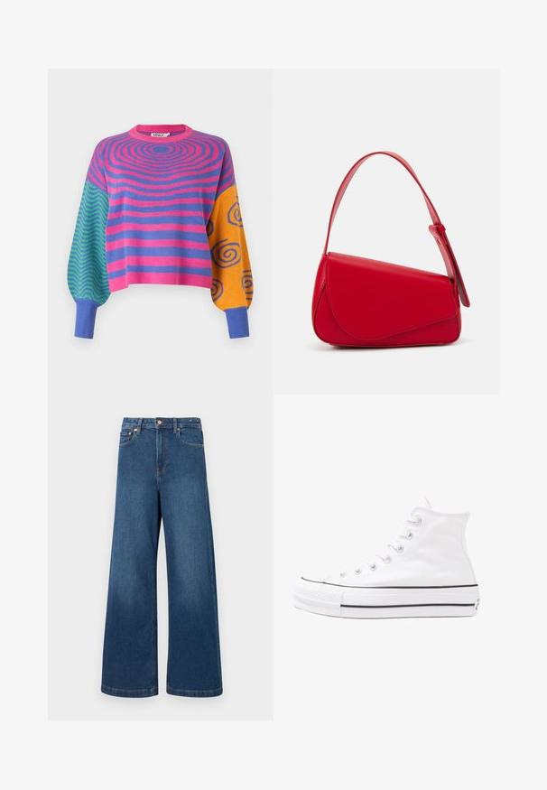 Long-sleeve sweater with pink and purple concentric stripes on the body, green and blue zigzags on one sleeve, and orange with blue spirals on the other.; Wide-leg denim jeans in dark blue. Features a high waist, button closure, and classic five-pocket design with contrasting stitching.; White high-top canvas sneaker with black rubber sole, front rubber toe cap, and six eyelets for laces, featuring a clean, minimalist design.; Red leather handbag with an angular, geometric design. Features a single adjustable strap and a flap closure with stitched detailing.
