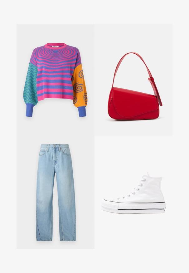 Long-sleeve sweater with pink and purple concentric stripes on the body, green and blue zigzags on one sleeve, and orange with blue spirals on the other.; Light blue denim jeans with a straight-leg design, five pockets, and a zip fly. Features visible stitching and metal hardware accents.; White high-top canvas sneaker with black rubber sole, front rubber toe cap, and six eyelets for laces, featuring a clean, minimalist design.; Red leather handbag with an angular, geometric design. Features a single adjustable strap and a flap closure with stitched detailing.