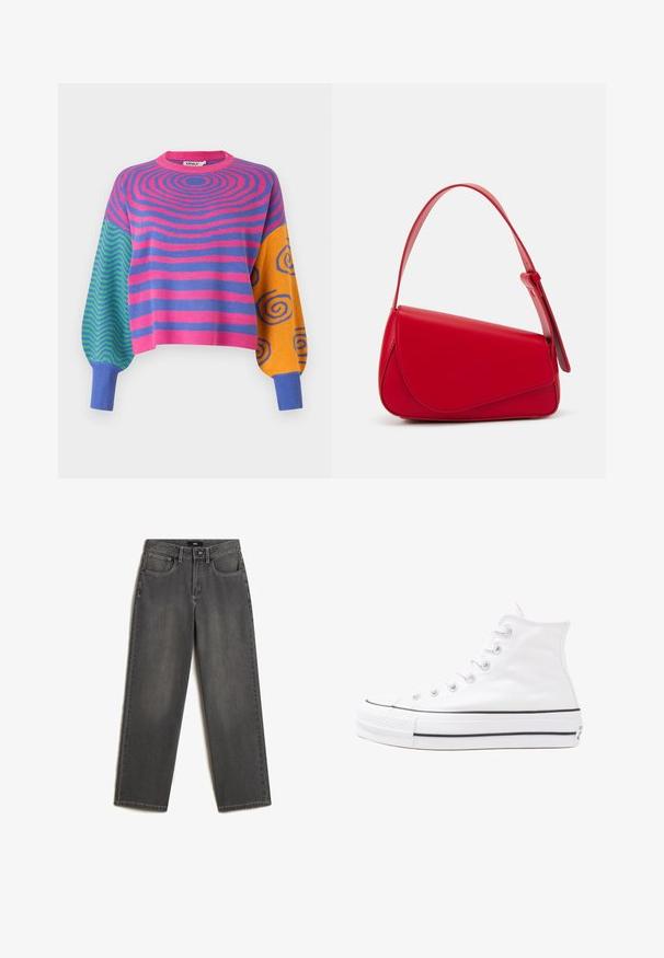 Suéter de manga larga con rayas concéntricas rosas y moradas en el cuerpo, zigzags verdes y azules en una manga, y espirales naranjas con azul en la otra.; Jeans de pierna ancha grises hechos de denim. Cuenta con cinco bolsillos, un cierre frontal de botón y cremallera, y un sutil desteñido en la tela.; Zapatilla de lona alta blanca con suela de goma negra, puntera de goma frontal y seis ojetes para los cordones, que presenta un diseño limpio y minimalista.; Bolso de cuero rojo con un diseño angular y geométrico. Cuenta con una única correa ajustable y un cierre de solapa con detalles de costura.
