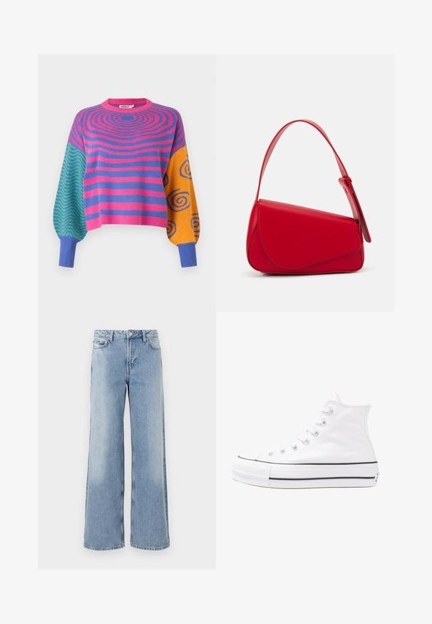 Long-sleeve sweater with pink and purple concentric stripes on the body, green and blue zigzags on one sleeve, and orange with blue spirals on the other.; Light blue wide-leg jeans with a faded wash, five pockets, button closure, and straight hems. Made from denim with a smooth texture.; White high-top canvas sneaker with black rubber sole, front rubber toe cap, and six eyelets for laces, featuring a clean, minimalist design.; Red leather handbag with an angular, geometric design. Features a single adjustable strap and a flap closure with stitched detailing.