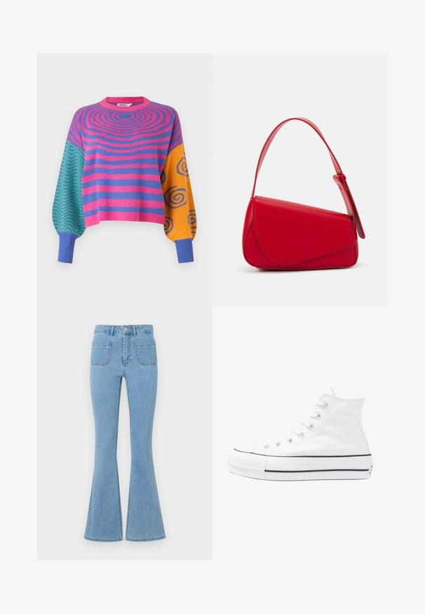 Ilgas rankovėmis megztinis su rožinėmis ir violetinėmis koncentriškomis juostelėmis ant kūno, žaliai mėlynais zigzagais ant vienos rankovės ir oranžinėmis su mėlynomis spiralėmis ant kitos.; Šviesiai mėlynos plačios džinsinės kelnės su aukštu liemeniu, penkiomis kišenėmis ir lygaus džinsinio audinio tekstūra su siuvinėtais detalėmis palei siūles.; Balti aukštakulniai drobės sportbačiai su juodu guminio pado, priekinio guminio piršto dangteliu ir šešiais akytėmis raištams, pasižymintys švariu, minimalistiniu dizainu.; Raudona odinė rankinė su kampuota, geometrine forma. Pasižymi viena reguliuojama dirželiu ir dangteliu su siuvinėtais dekoracijomis.