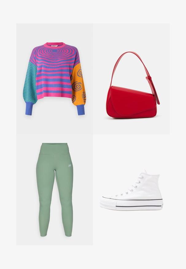 Sweter z długim rękawem z różowo-fioletowymi koncentrycznymi paskami na tułowie, zielono-niebieskimi zygzakami na jednym rękawie oraz pomarańczowymi z niebieskimi spiralami na drugim.; Legginsy z wysokim stanem w stonowanej zielonej tkaninie, charakteryzujące się gładką teksturą i dopasowanym krojem. Małe logo w ciemnoszarym kolorze na górnej części nogawki.; Białe wysokie trampki z płótna z czarną gumową podeszwą, przednim czubkiem z gumy i sześcioma dziurkami na sznurowadła, charakteryzujące się prostym, minimalistycznym designem.; Czerwona skórzana torebka o kanciastym, geometrycznym designie. Posiada jedną regulowaną rączkę oraz zapięcie na klapę z przeszyciami.