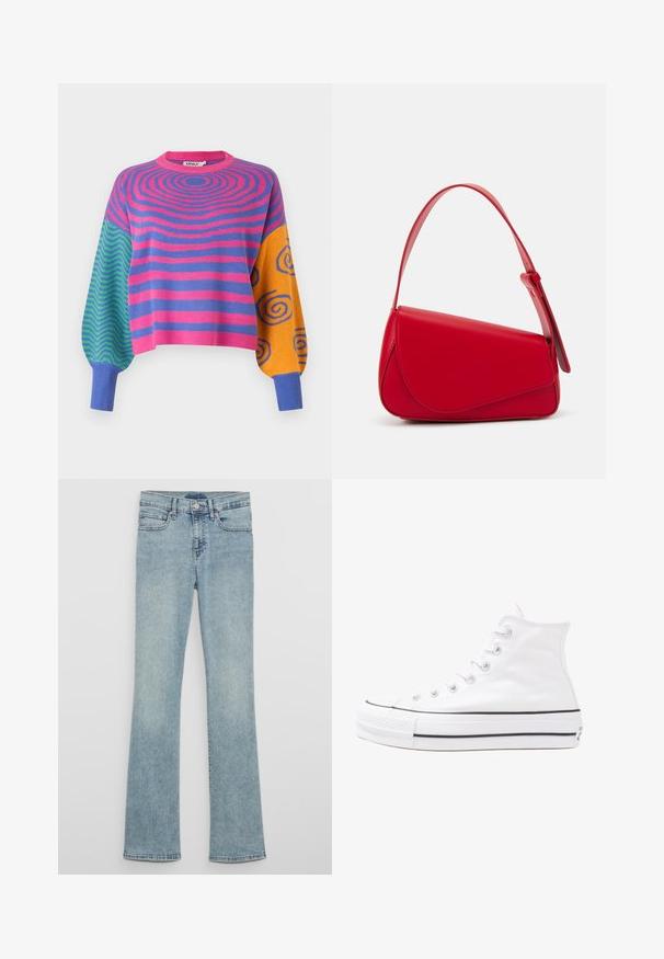 Garām piedurknēm džemperis ar rozā un violetām koncentriskām svītrām uz ķermeņa, zaļiem un ziliem zigzagiem vienā piedurknē un oranžām ar zilām spirālēm otrā.; Gaisā zilas džinsa bikses ar izplatītām kājām un augstu vidukli, ar jostas cilpām, priekšējiem kabatām un izbalinātu mazgājuma faktūru.; Balti augstie kanvas sporta apavi ar melnu gumijas zoli, priekšējo gumijas purngalu un sešām acīm lencēm, kuriem ir tīrs, minimālistisks dizains.; Sarkans ādas rokassomi ar stūrainu, ģeometrisku dizainu. Iekļauj vienu regulējamu siksnu un vāku ar izšūtu detaļu.