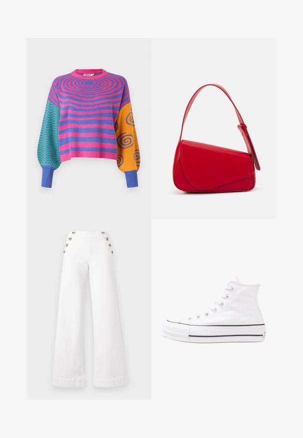 Maglione a maniche lunghe con strisce concentriche rosa e viola sul corpo, zigzag verdi e blu su una manica, e arancione con spirali blu sull'altra.; Pantaloni bianchi a gamba larga realizzati in cotone, con grandi bottoni decorativi sui lati, dalla trama morbida e cuciture pulite.; Sneaker alta in tela bianca con suola in gomma nera, punta in gomma frontale e sei asole per i lacci, caratterizzata da un design pulito e minimalista.; Borsa a tracolla in pelle rossa con un design angolare e geometrico. Presenta una singola tracolla regolabile e una chiusura a patta con dettagli cuciti.