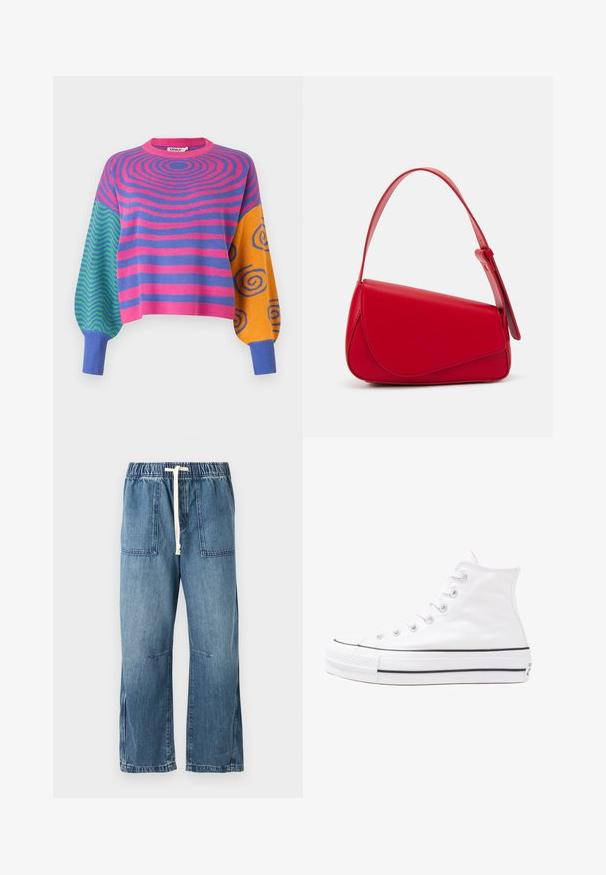Langermet genser med rosa og lilla konsentriske striper på kroppen, grønne og blå sikksakkmønstre på den ene ermen, og oransje med blå spiraler på den andre.; Blå denimbukser med elastisk linning og hvit snor. Har to frontlommer og vid ben design, med en jevn tekstur.; Hvit høy-skinn kanvas sneakers med svart gummisåle, gummitåhette foran og seks hull for snorer, med et rent, minimalistisk design.; Rød lærveske med en vinklet, geometrisk design. Har en enkelt justerbar stropp og en klaffelukking med sydd detaljer.