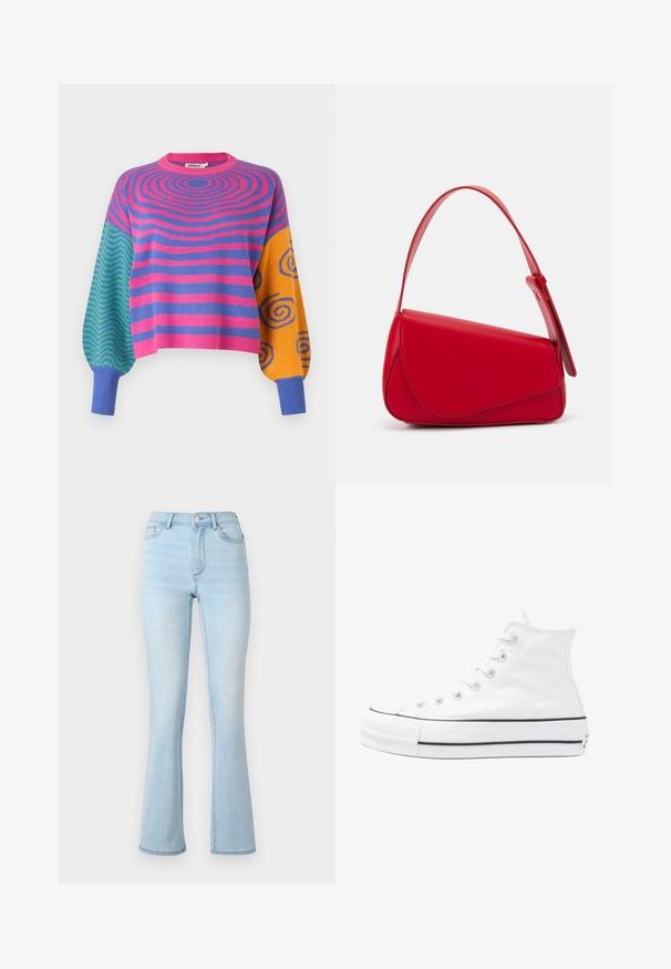Long-sleeve sweater with pink and purple concentric stripes on the body, green and blue zigzags on one sleeve, and orange with blue spirals on the other.; Light blue flared jeans made of denim with a high waist, five-pocket design, and subtle fading on the legs, finished with stitched hems.; White high-top canvas sneaker with black rubber sole, front rubber toe cap, and six eyelets for laces, featuring a clean, minimalist design.; Red leather handbag with an angular, geometric design. Features a single adjustable strap and a flap closure with stitched detailing.