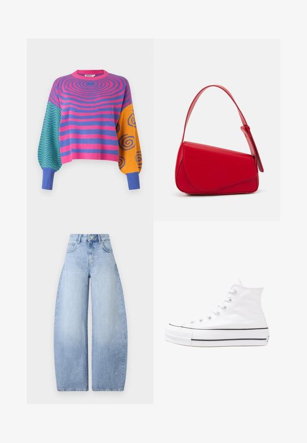 Pikad varrukadega kampsun, millel on kere peal roosa ja lilla kontsentrilised triibud, ühel varrukal rohelised ja sinised siksakid ning teisel oranžid ja sinised spiraalid.; Heledad sinine, laiad teksapüksid, mis on valmistatud denimist. Kõrge vöökoha disain, viis taskut ja nupuga sulgemine. Puhtad viimistlused, ilma nähtavate mustriteta.; Valge kõrgem kangast tenniseking, millel on must kummist tald, ees kummist varvasetugi ja kuus aukku paelte jaoks, pakkudes puhta ja minimalistliku disaini.; Punane nahast käekott, millel on nurkadega geomeetriline disain. Omab ühte reguleeritavat rihma ja klappidega sulgemist, millel on õmblustega kaunistused.