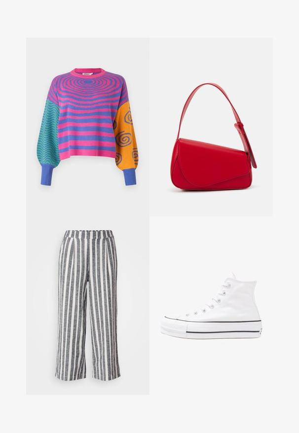 Ilgas rankovėmis megztinis su rožinėmis ir violetinėmis koncentriškomis juostelėmis ant kūno, žaliai mėlynais zigzagais ant vienos rankovės ir oranžinėmis su mėlynomis spiralėmis ant kitos.; Juostuoti kelnės laisvu siluetu, pagamintos iš lengvos medžiagos. Turi plačias vertikalias tamsiai pilkas ir baltas juostas bei elastinį juosmenį.; Balti aukštakulniai drobės sportbačiai su juodu guminio pado, priekinio guminio piršto dangteliu ir šešiais akytėmis raištams, pasižymintys švariu, minimalistiniu dizainu.; Raudona odinė rankinė su kampuota, geometrine forma. Pasižymi viena reguliuojama dirželiu ir dangteliu su siuvinėtais dekoracijomis.