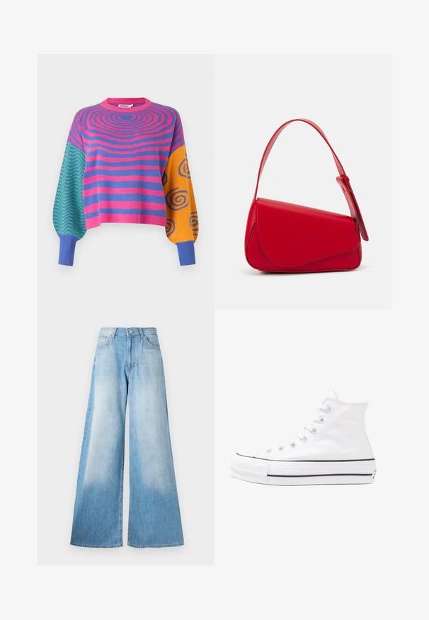 Suéter de manga larga con rayas concéntricas rosas y moradas en el cuerpo, zigzags verdes y azules en una manga, y espirales naranjas con azul en la otra.; Jeans de pierna ancha en azul claro con un lavado desgastado, que cuentan con un cierre de botón, presillas para cinturón y un diseño clásico de cinco bolsillos.; Zapatilla de lona alta blanca con suela de goma negra, puntera de goma frontal y seis ojetes para los cordones, que presenta un diseño limpio y minimalista.; Bolso de cuero rojo con un diseño angular y geométrico. Cuenta con una única correa ajustable y un cierre de solapa con detalles de costura.