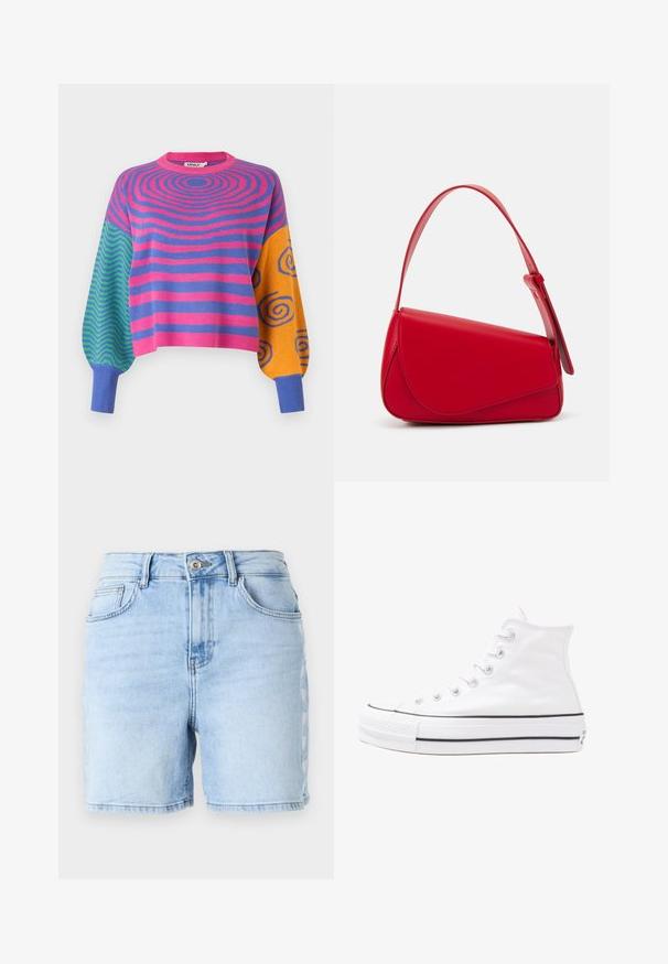 Svetr s dlouhým rukávem s růžovými a fialovými soustřednými pruhy na těle, zelenými a modrými cikcakami na jednom rukávu a oranžovými s modrými spirálami na druhém rukávu.; Světle modré džíny šortky s vysokým pasem, surovým lemem, pěti kapsami a dekorativním bočním švem. Vyrobeno z bavlněné tkaniny.; Bílé vysoké plátěné tenisky s černou gumovou podrážkou, přední gumovou špičkou a šesti očky na tkaničky, se čistým, minimalistickým designem.; Červená kožená kabelka s ostrým, geometrickým designem. Má jeden nastavitelný popruh a klopu s prošívanými detaily.
