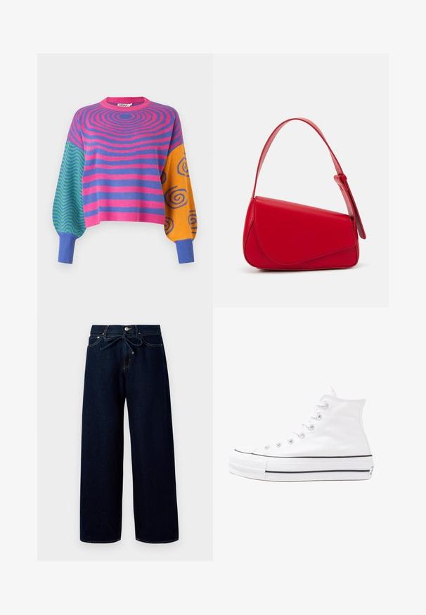 Tröja med långa ärmar med rosa och lila koncentriska ränder på kroppen, gröna och blå zigzagmönster på ena ärmen och orange med blå spiraler på den andra.; Mörkblå vida jeans i denim, med en framknäppning och en dragsko i midjan, samt kontrasterande sömmar.; Vit hög topp canvas sneaker med svart gummisulan, framsidan gummitåhätta och sex öglor för snören, med en ren, minimalistisk design.; Röd läderhandväska med en vinkelrät, geometrisk design. Har ett justerbart axelband och en klaffstängning med sydda detaljer.