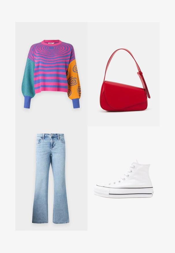 Ilgas rankovėmis megztinis su rožinėmis ir violetinėmis koncentriškomis juostelėmis ant kūno, žaliai mėlynais zigzagais ant vienos rankovės ir oranžinėmis su mėlynomis spiralėmis ant kitos.; Šviesiai mėlynos džinsinės kelnės su platėjančiu pjaustymu, pasiūtos iš džinsinio audinio, su užtrauktuku ir mygtukų uždarymu, tradiciniu penkių kišenių dizainu ir subtiliomis nusidėvėjimo detalėmis.; Balti aukštakulniai drobės sportbačiai su juodu guminio pado, priekinio guminio piršto dangteliu ir šešiais akytėmis raištams, pasižymintys švariu, minimalistiniu dizainu.; Raudona odinė rankinė su kampuota, geometrine forma. Pasižymi viena reguliuojama dirželiu ir dangteliu su siuvinėtais dekoracijomis.