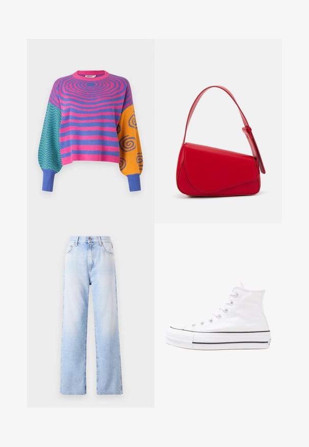 Garām piedurknēm džemperis ar rozā un violetām koncentriskām svītrām uz ķermeņa, zaļiem un ziliem zigzagiem vienā piedurknē un oranžām ar zilām spirālēm otrā.; Gai zilu džinsi ar augstu jostasvietu, plašiem taisniem kājām un nedaudz izbalējušu izskatu. Iekļauj priekšējo pogu aizdari un piecas kabatas.; Balti augstie kanvas sporta apavi ar melnu gumijas zoli, priekšējo gumijas purngalu un sešām acīm lencēm, kuriem ir tīrs, minimālistisks dizains.; Sarkans ādas rokassomi ar stūrainu, ģeometrisku dizainu. Iekļauj vienu regulējamu siksnu un vāku ar izšūtu detaļu.