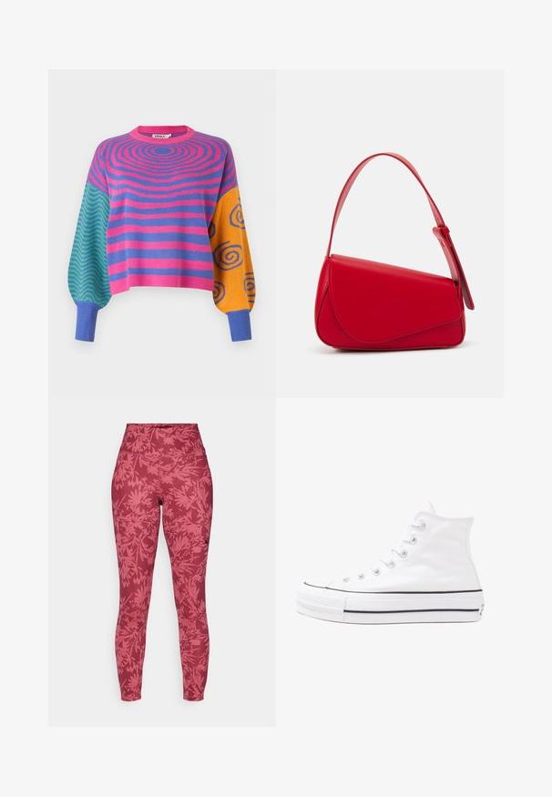 Garām piedurknēm džemperis ar rozā un violetām koncentriskām svītrām uz ķermeņa, zaļiem un ziliem zigzagiem vienā piedurknē un oranžām ar zilām spirālēm otrā.; Sarkanas leginses ar piegulošu dizainu, augstu jostasvietu un visā virsmā izklātu lapu rakstu tumšākā sarkanā krāsā. Izgatavotas no elastīga, teksturēta auduma.; Balti augstie kanvas sporta apavi ar melnu gumijas zoli, priekšējo gumijas purngalu un sešām acīm lencēm, kuriem ir tīrs, minimālistisks dizains.; Sarkans ādas rokassomi ar stūrainu, ģeometrisku dizainu. Iekļauj vienu regulējamu siksnu un vāku ar izšūtu detaļu.